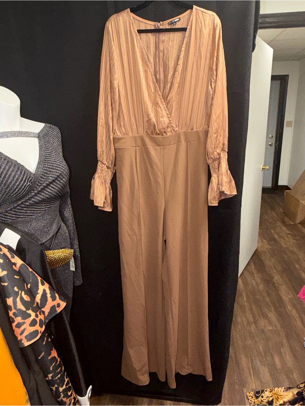 Fashion Nova Pleated V-Neck Long Sleeve Wide Leg Jumpsuit - Tan